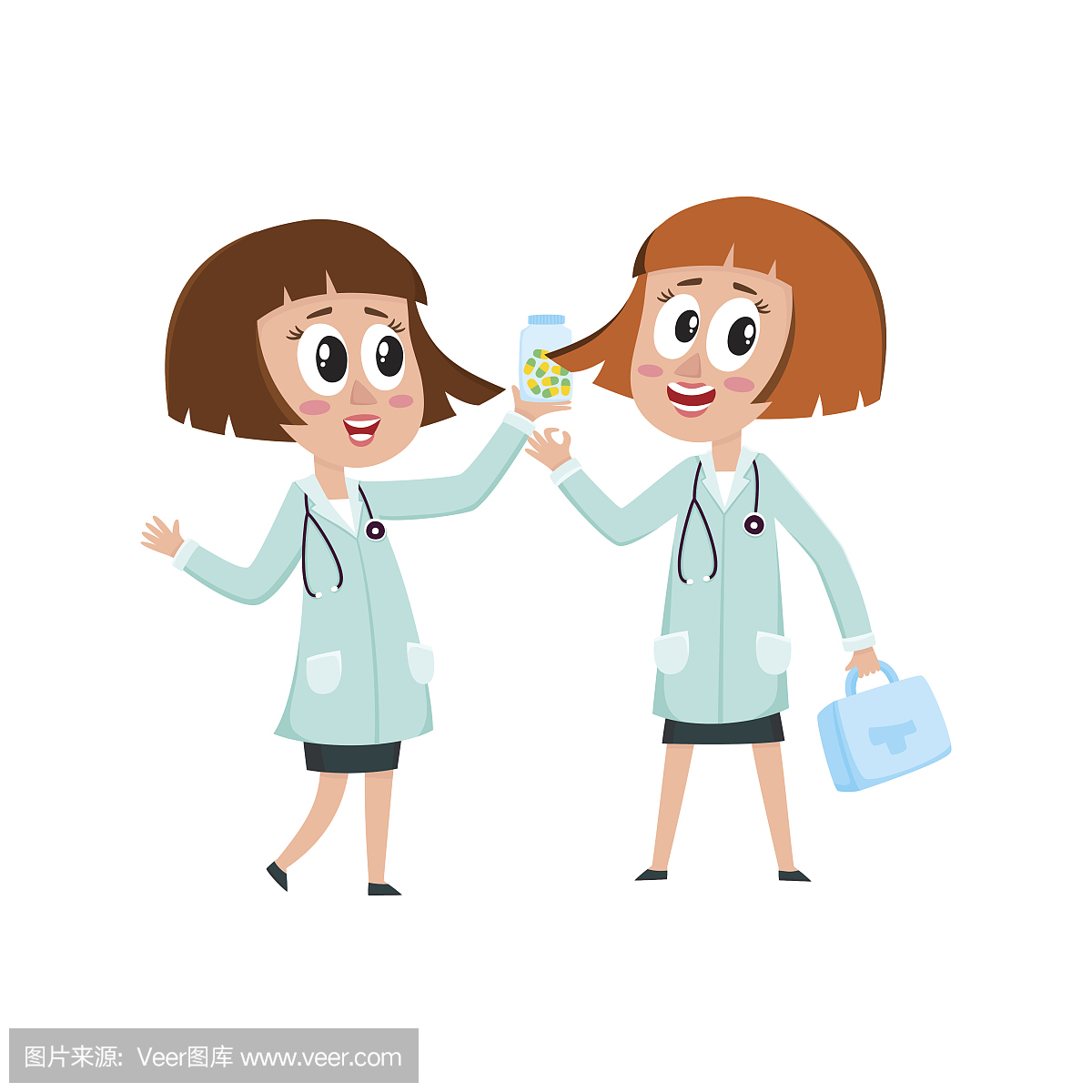 两个漫画女医生人物持有医疗盒,药瓶,准备帮助