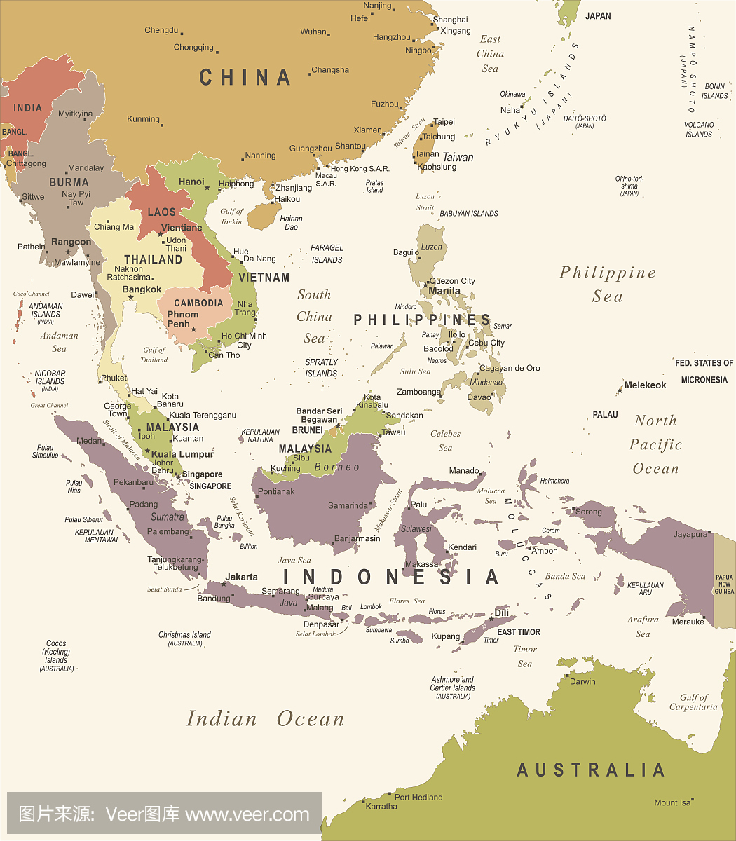 Southeast Asia Map - Vintage Vector Illustratio