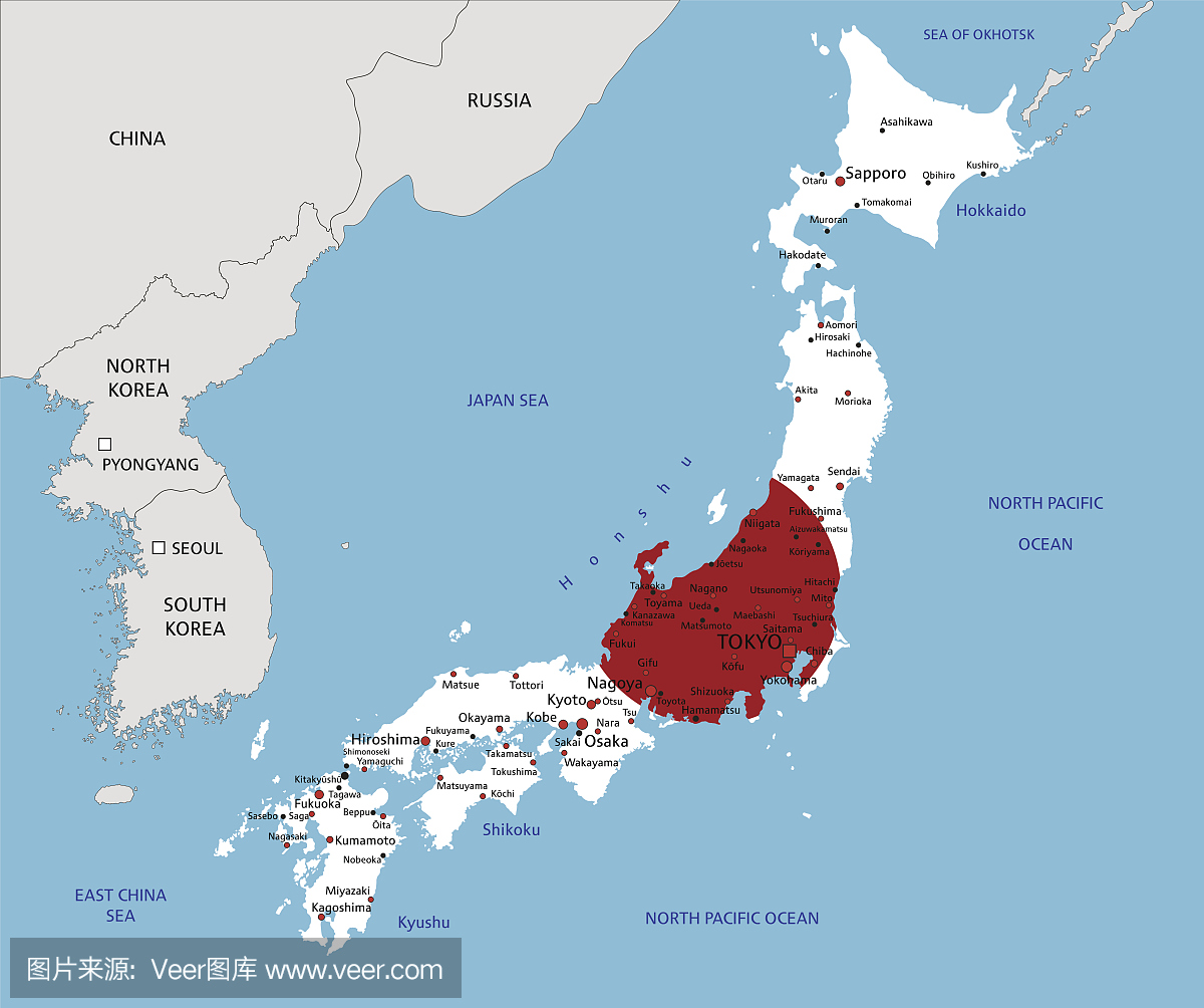 日本非常详细的政治地图与国旗被隔绝在白色背