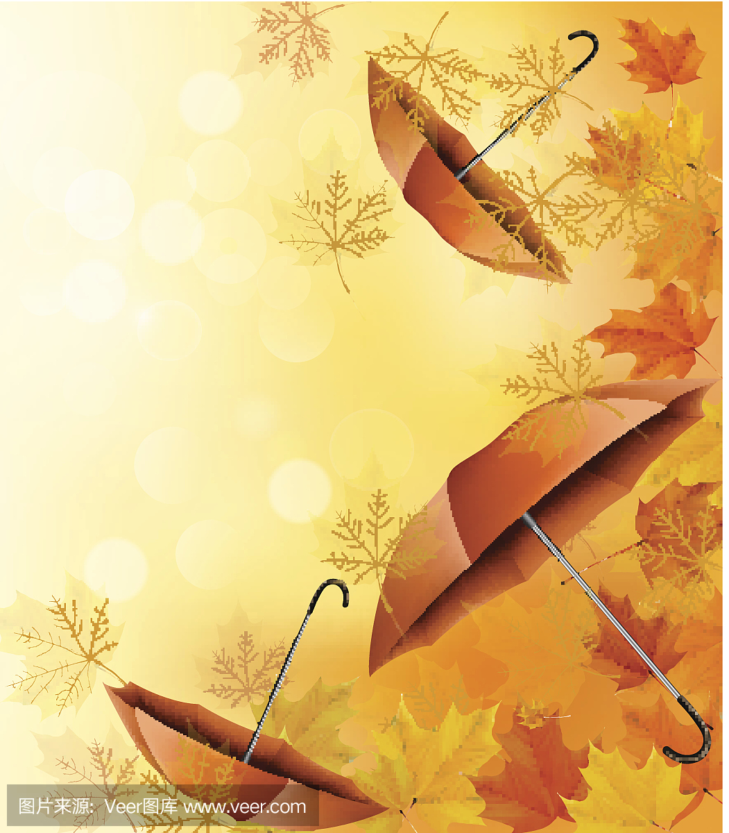 秋天的背景与叶子和橙色的雨伞。
