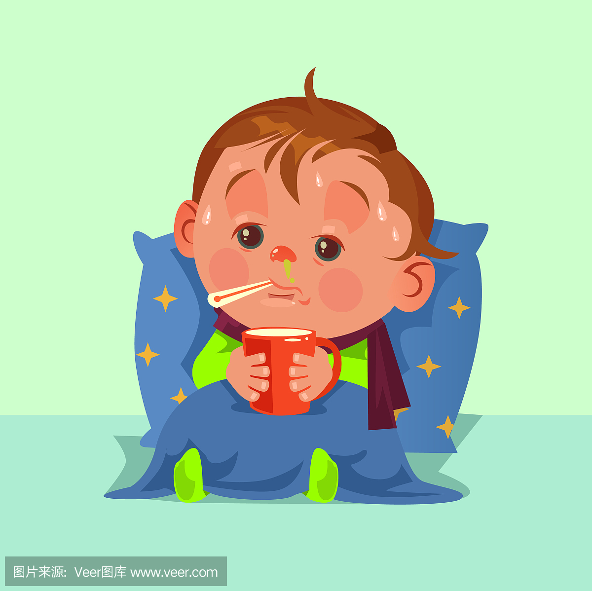 不快乐的伤心的生病的小孩子性格有流感发烧流