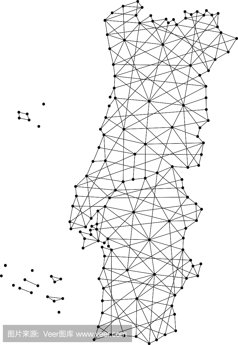 葡萄牙的地图从多边形黑线和矢量插图的点