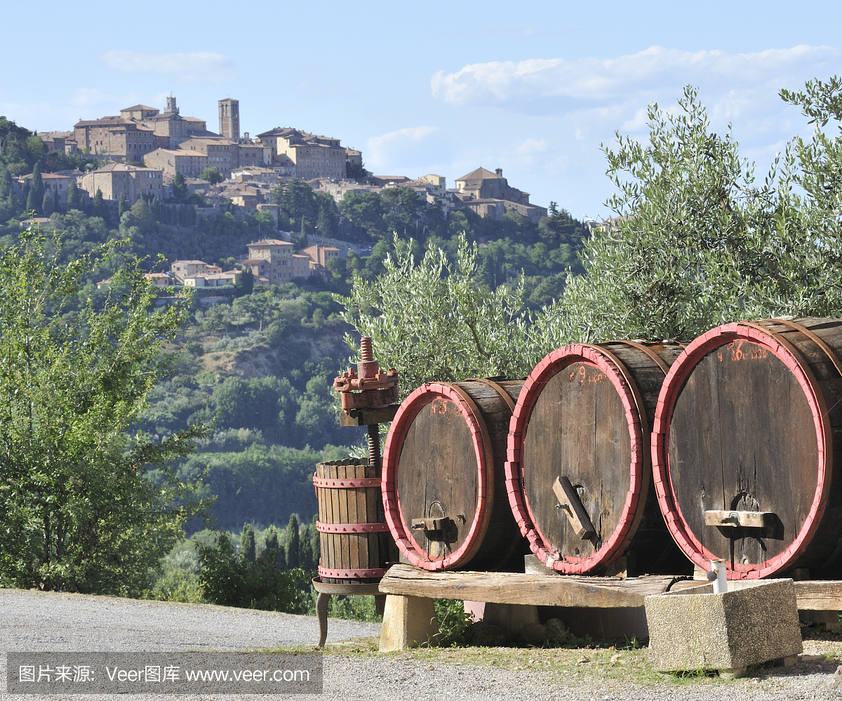 葡萄酒桶和葡萄酒酿造在Montepulciano