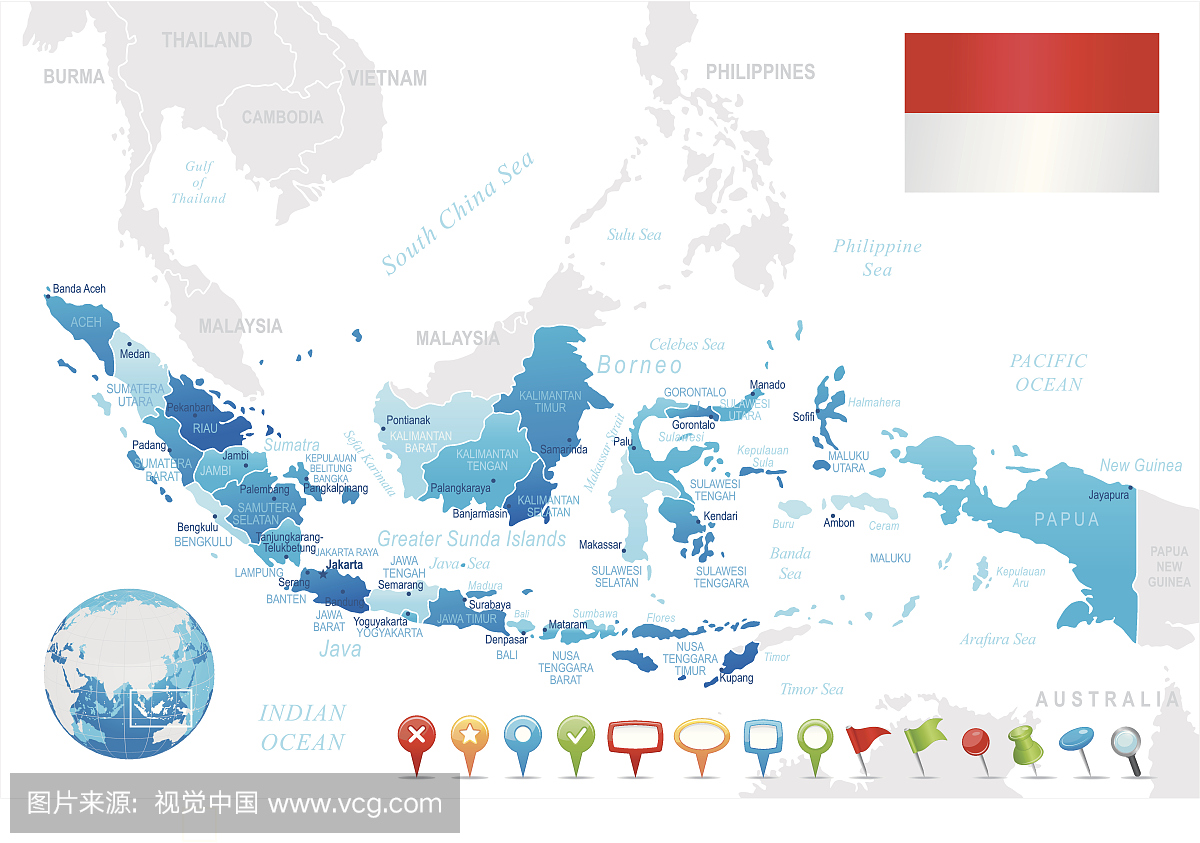 印度尼西亚地图蓝色 - 地区,城市,导航图标
