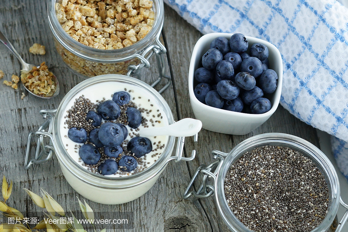 新鲜蓝莓,颗粒,奇亚籽,酸奶和蓝莓的美味和健康