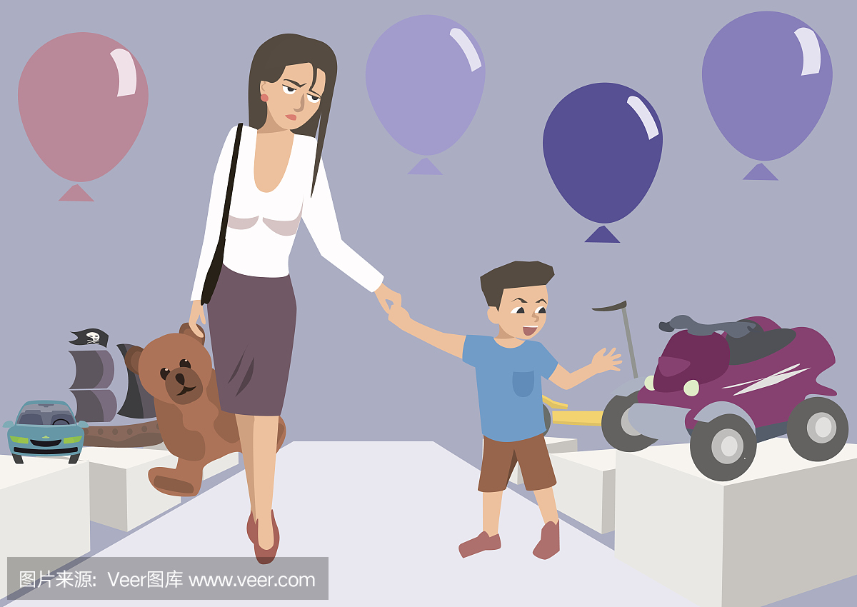 累了妈妈与幼儿在玩具店卡通