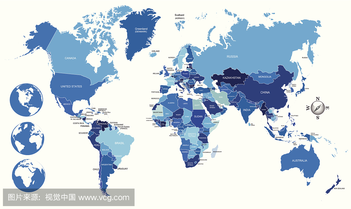 蓝色世界政治地图与地球仪