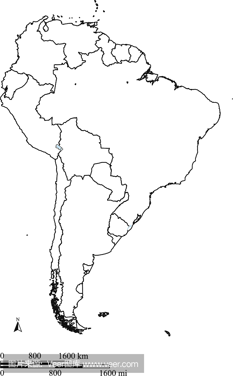 南美地图轮廓矢量与国家的边界和尺度