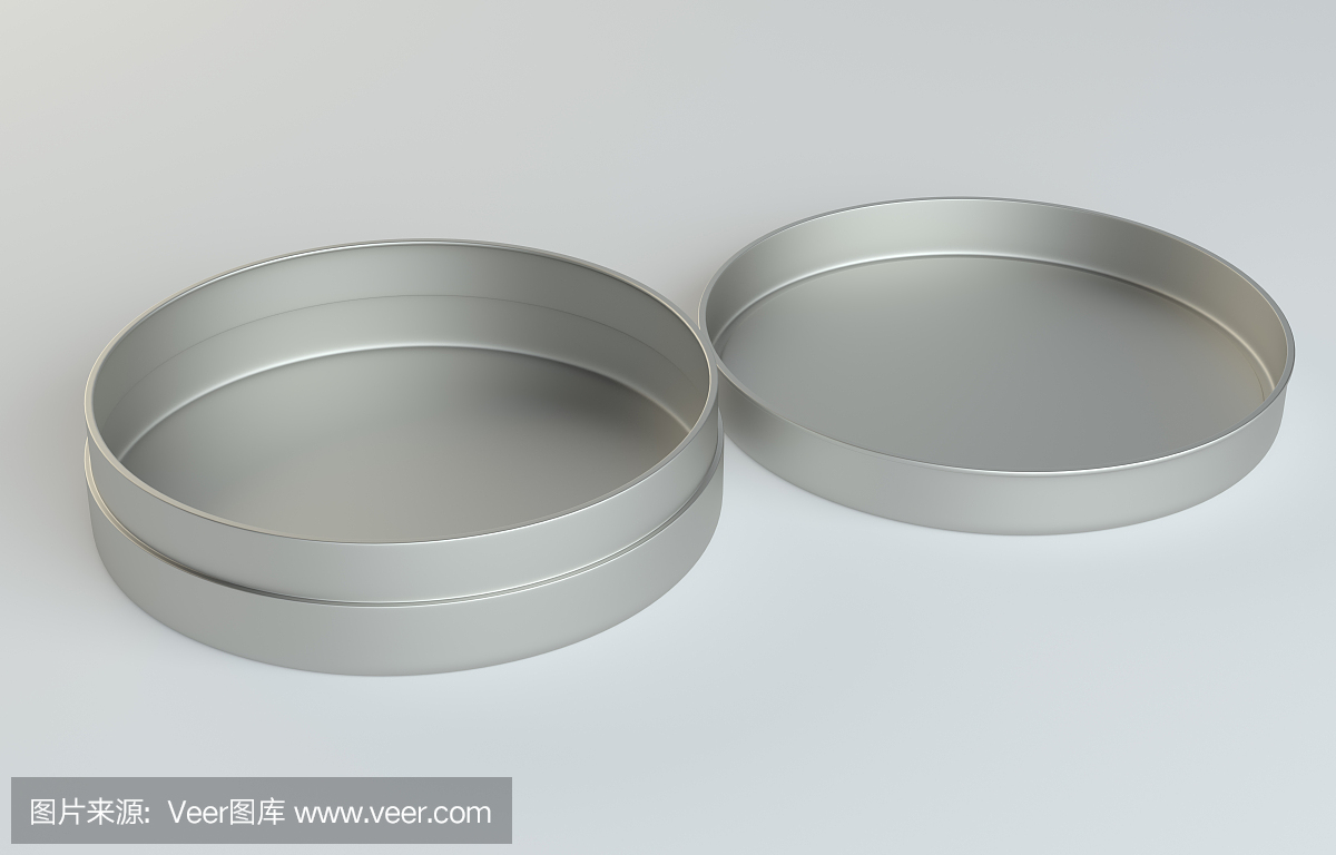 在灰色背景上的金属圆形盒子