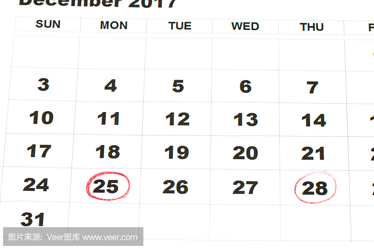 12月25日 - 圣诞节与红色标记的墙上的日历表