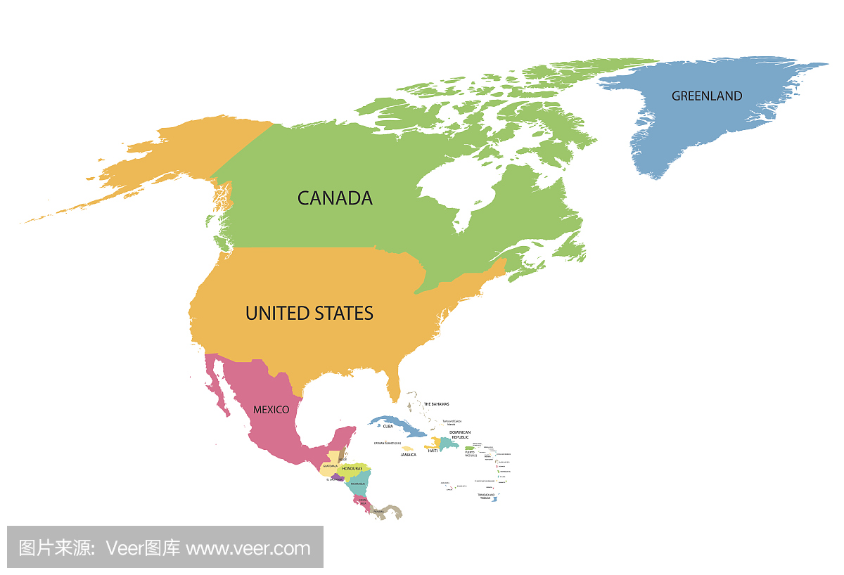 北美多彩地图与所有国家的名称