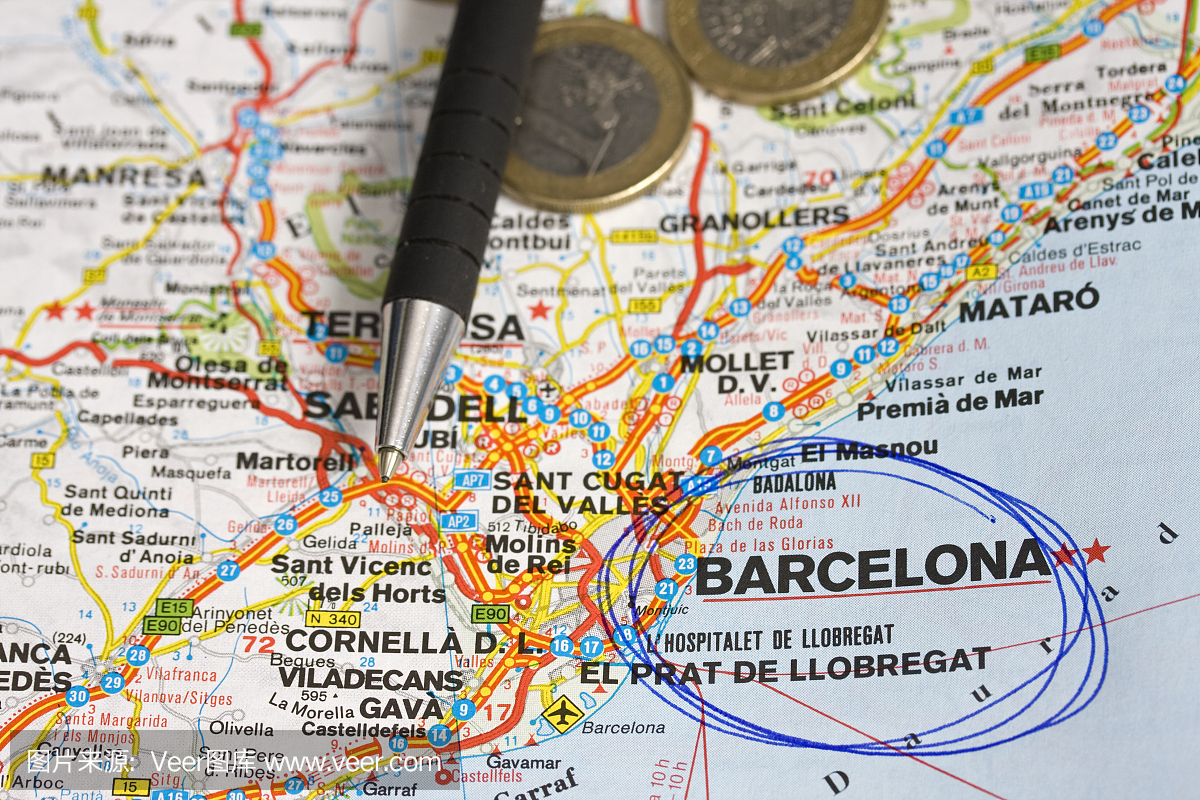 西班牙地图,专注于巴塞罗那。