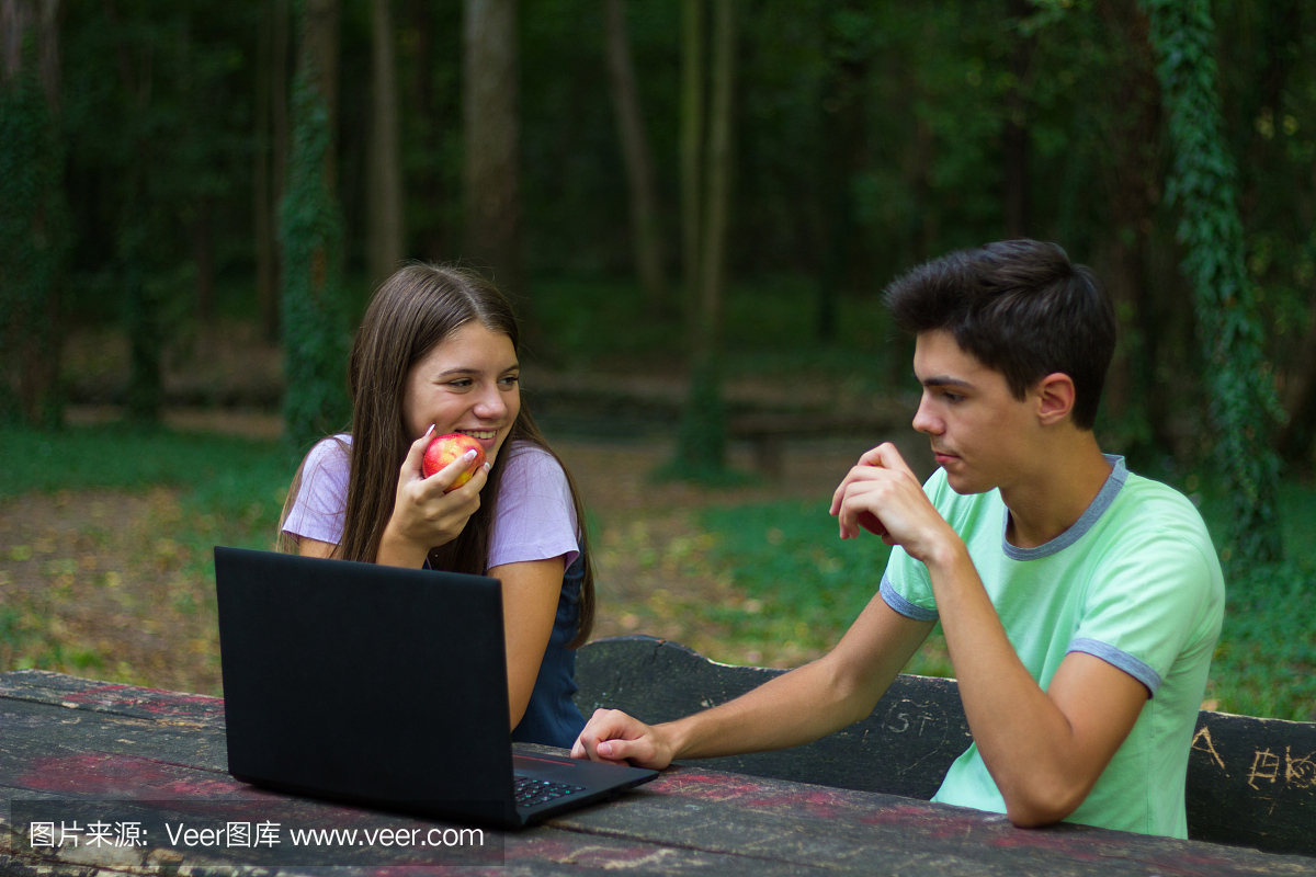 青少年女孩和男孩在自然界的长凳上学习笔记本