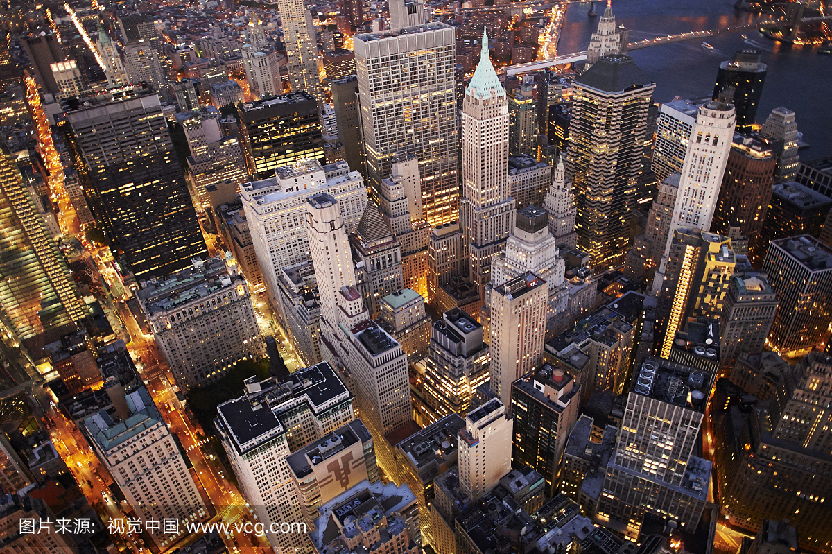 erial view of Manhattan at dusk, New York City,
