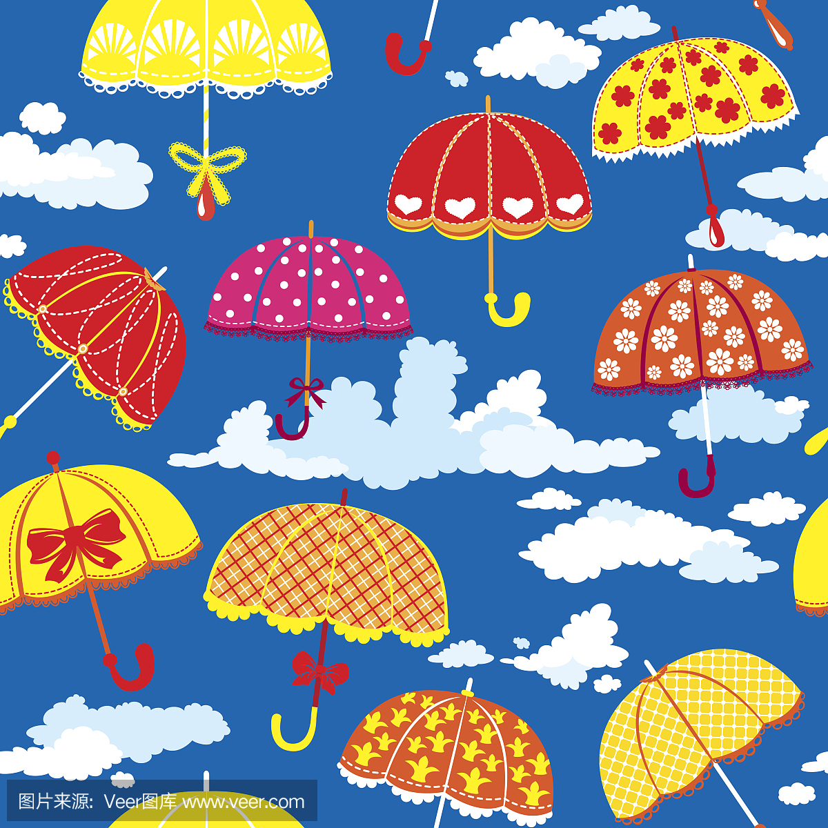 与蓝色背景上的五颜六色的雨伞和云彩的无缝模