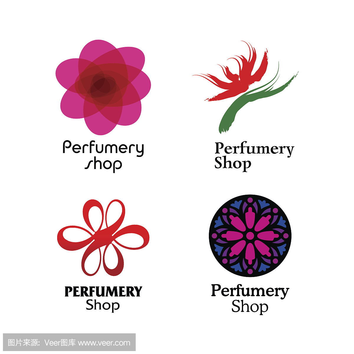 红色,绿色和紫色香水品牌标志集