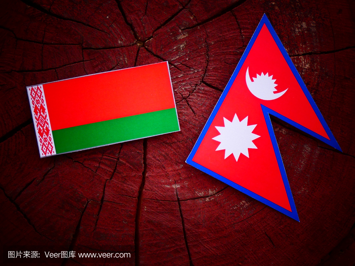 白俄罗斯国旗与尼泊尔国旗孤立在树桩