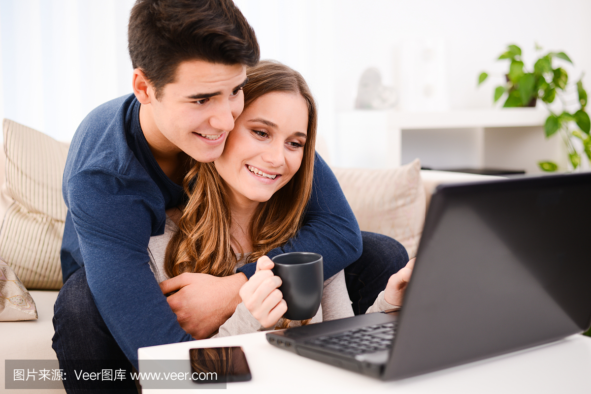 快乐的年轻夫妇在一起在家互联网上玩电脑