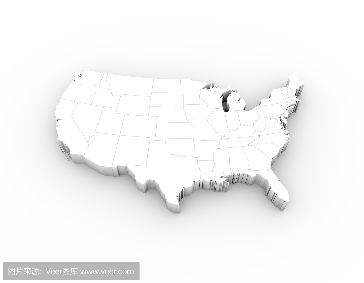 美国地图3D白色与状态和剪切路径