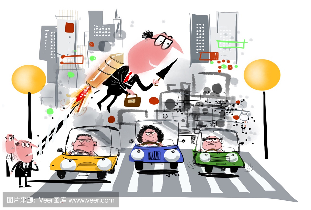 商人的漫画穿过繁忙的城市街道