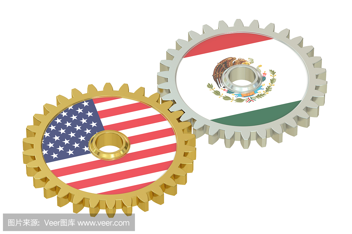 墨西哥和美国关系概念,旗帜上的一个齿轮