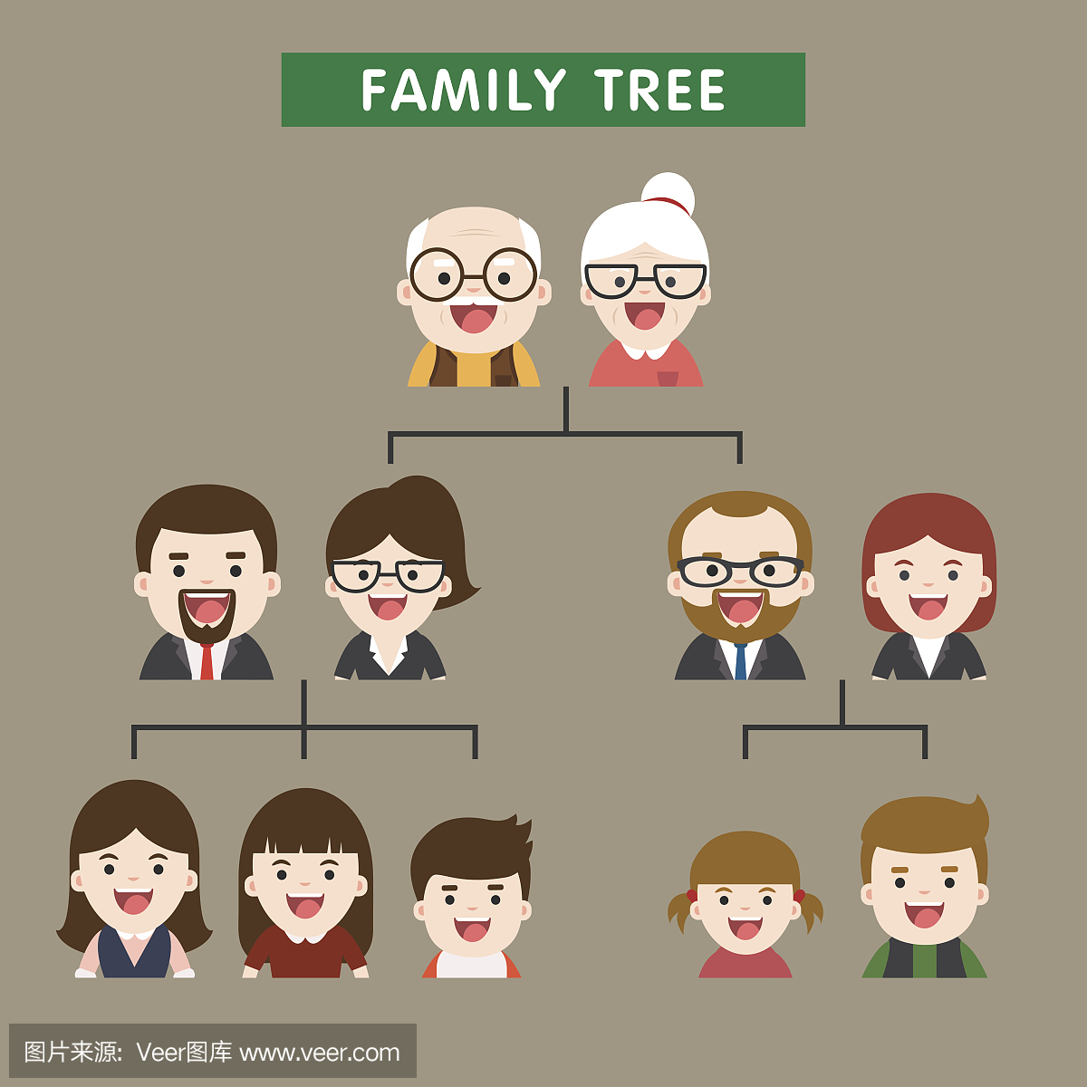 年轻夫妇插图与平头像的家庭树
