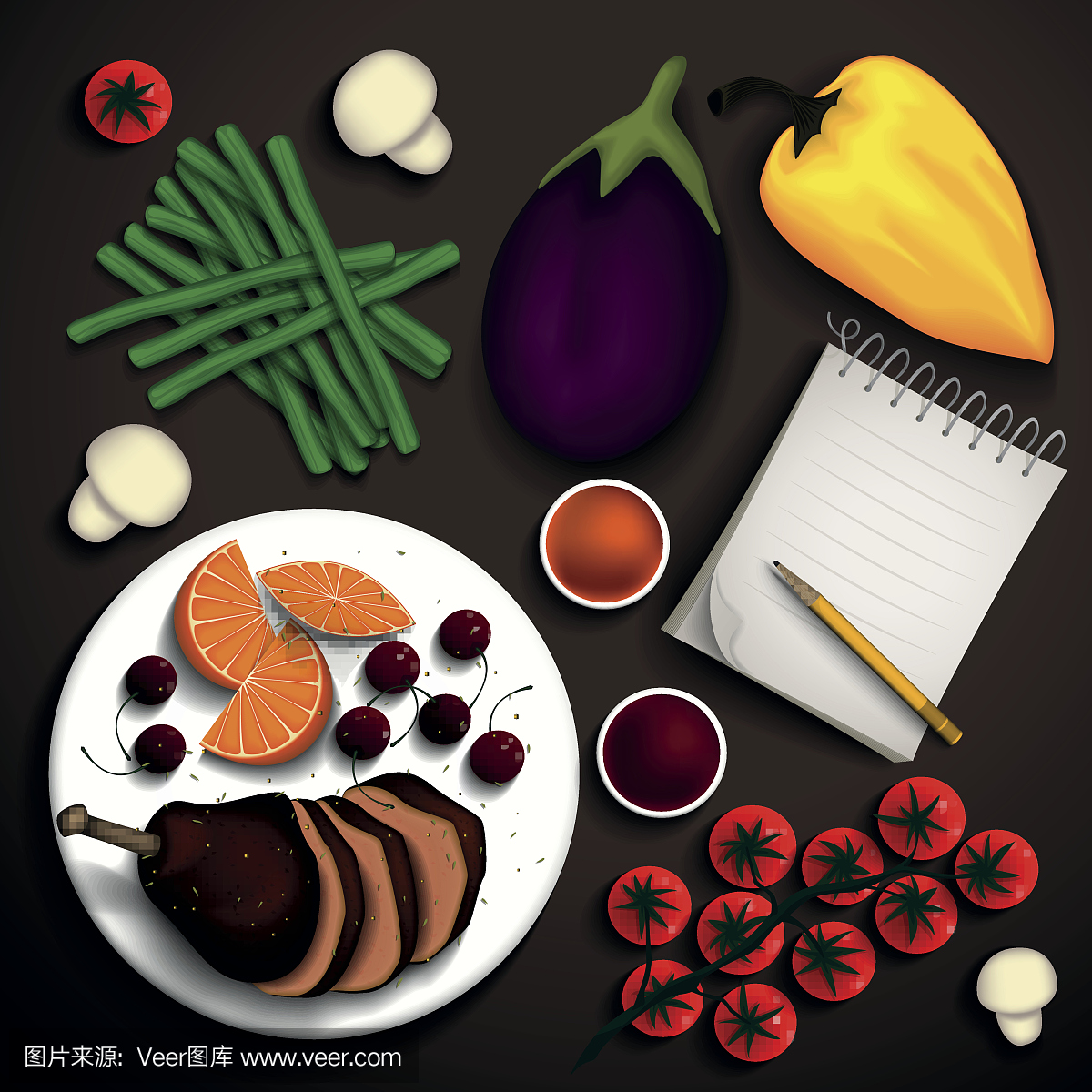 格子烤肉,绘画插图,熟食店,西红柿