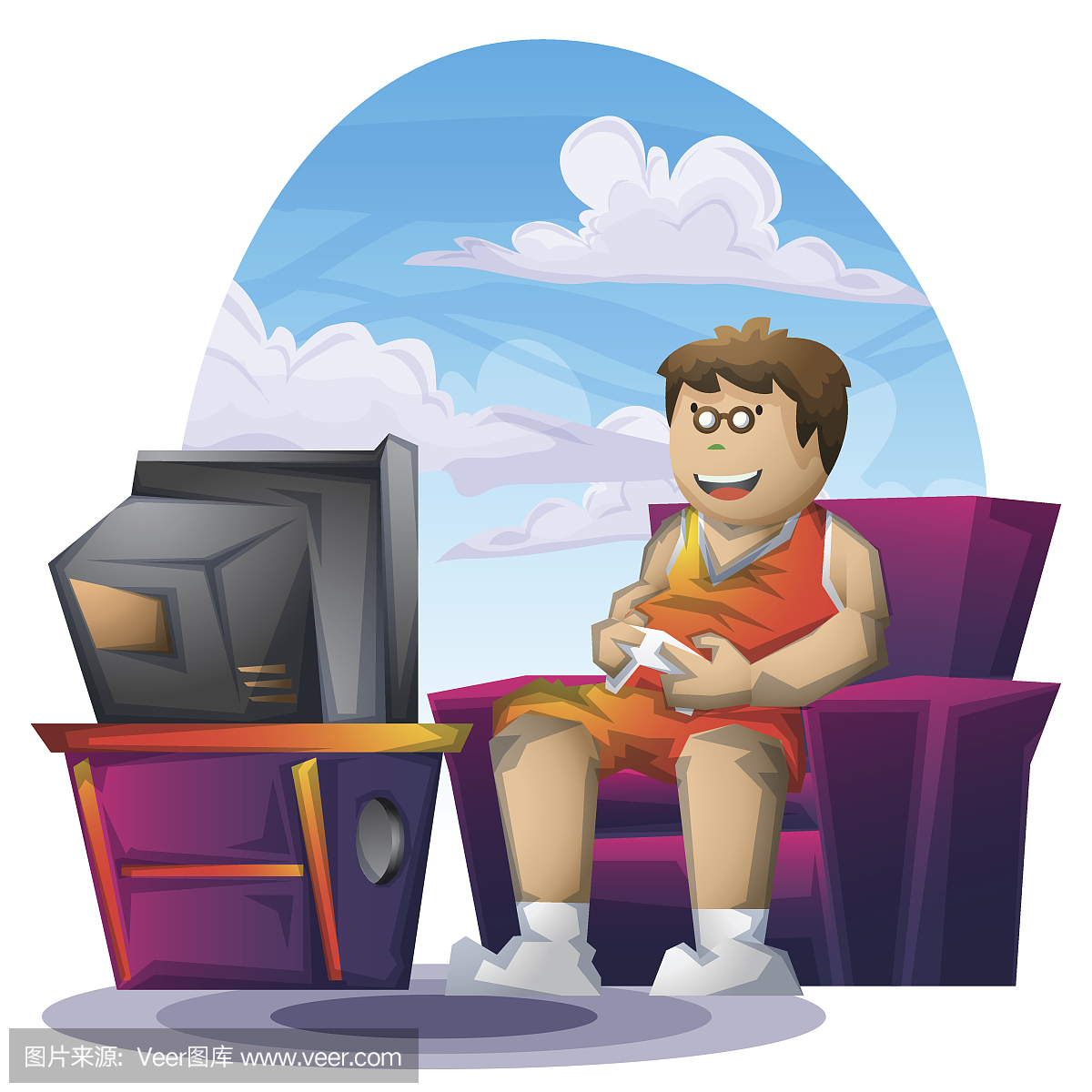 卡通矢量胖男孩玩游戏与分离的层