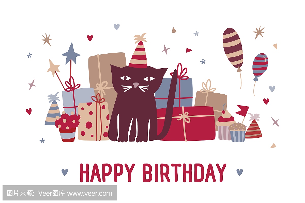 祝你生日快乐的愿望和可爱的卡通黑猫坐在反对