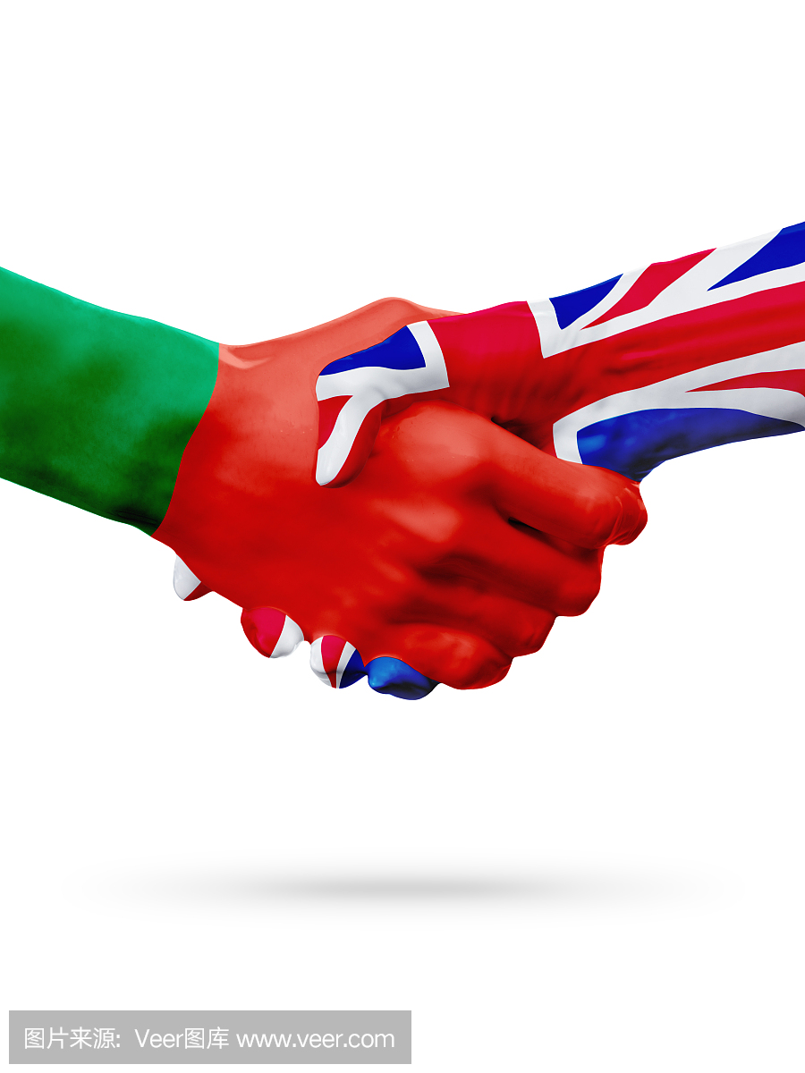 葡萄牙,英国国旗,伙伴关系友谊握手概念。