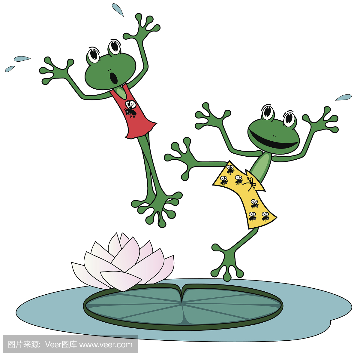 两只跳舞的青蛙在百合上