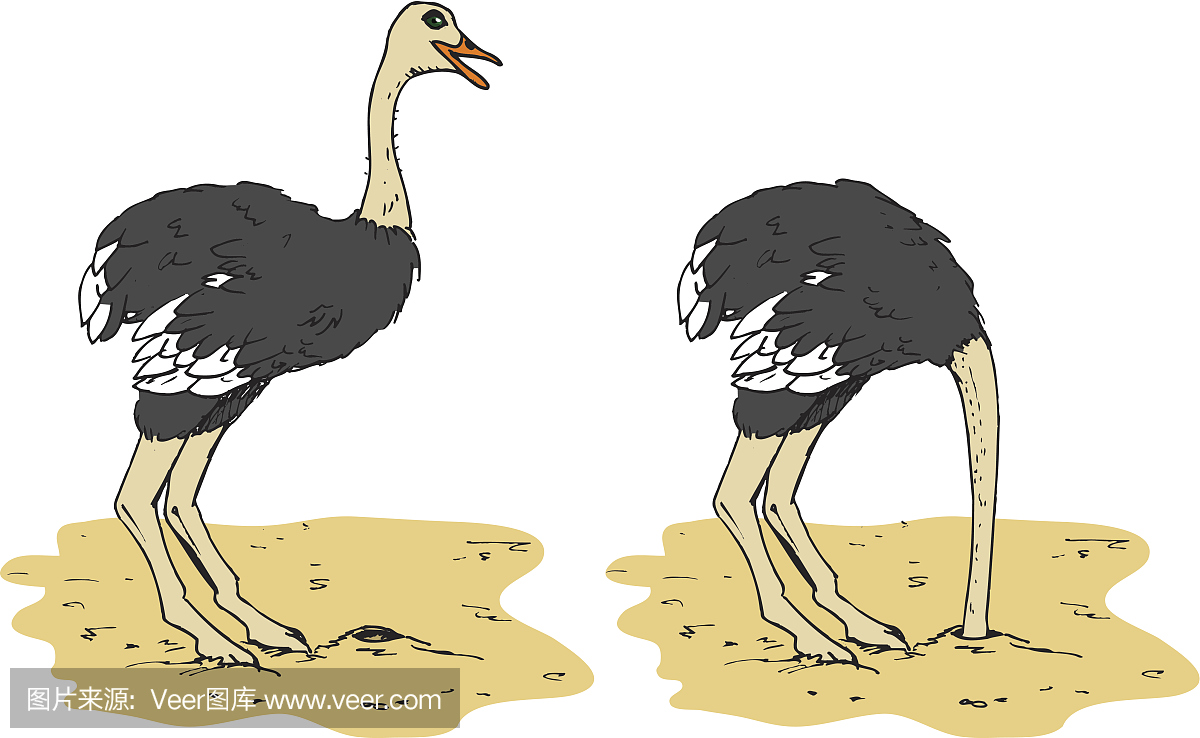卡通鸵鸟把头放在沙子里