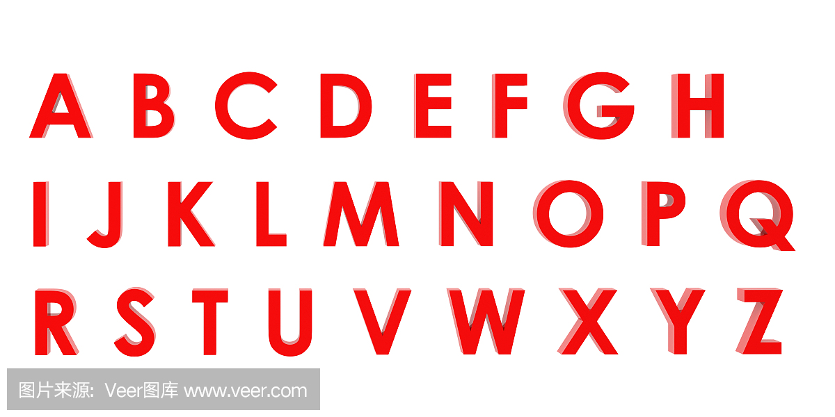3D渲染红色英文字母a到z在白色背景上孤立,剪
