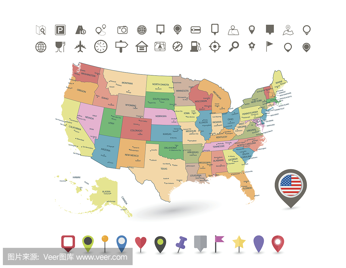 美国地图与标志和导航图标