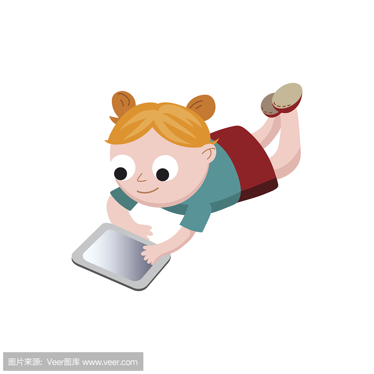 红头发卡通小女孩躺在地板上玩使用平板电脑多