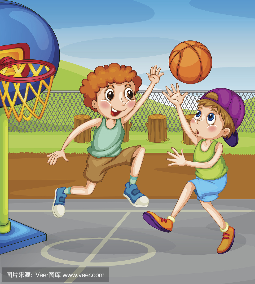 两个男孩在外面打篮球