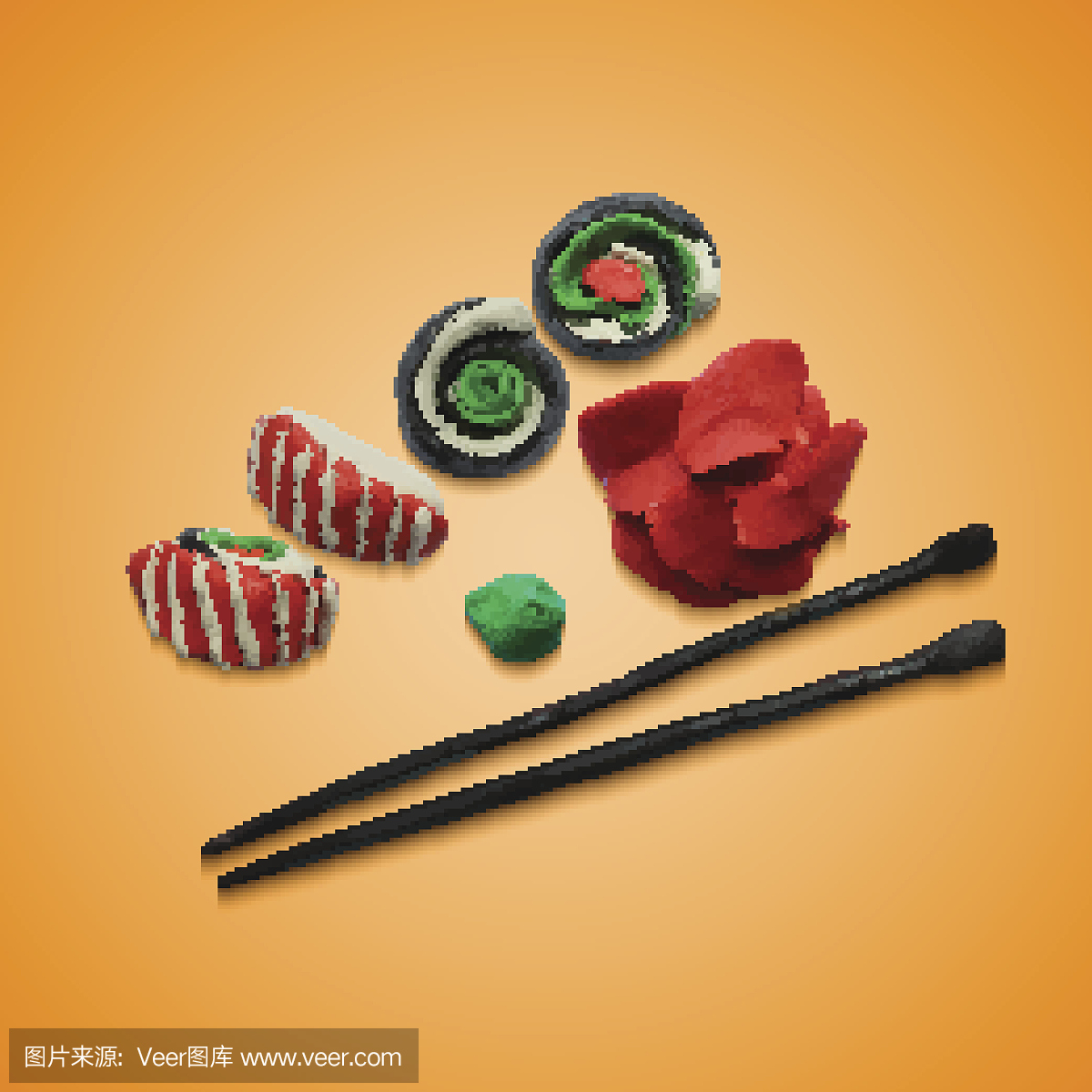 各种各样的插图寿司用筷子