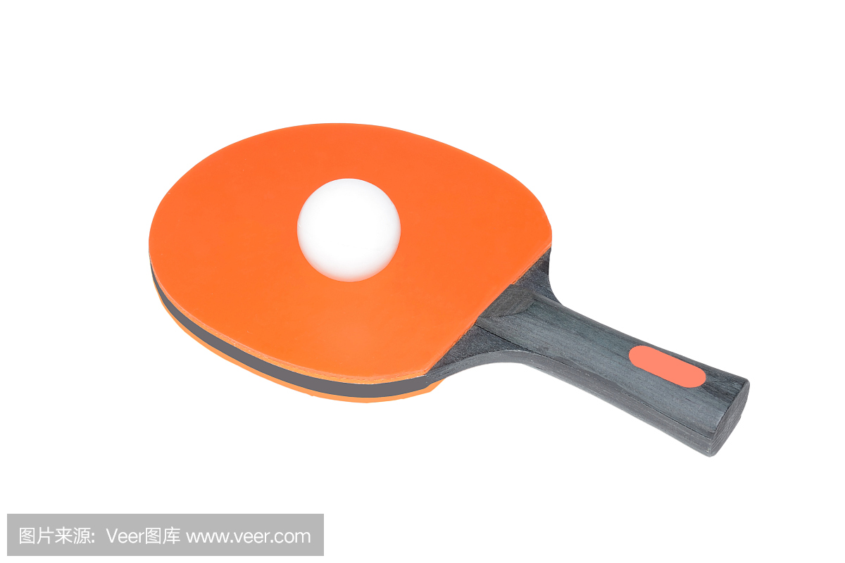黑色的乒乓桨与木柄的网球和橙色在背景白色上太空跳伞v黑色大气层图片