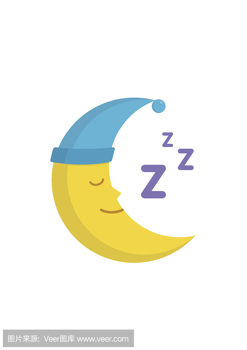 在白色背景孤立的睡帽睡觉的月亮。月牙帽