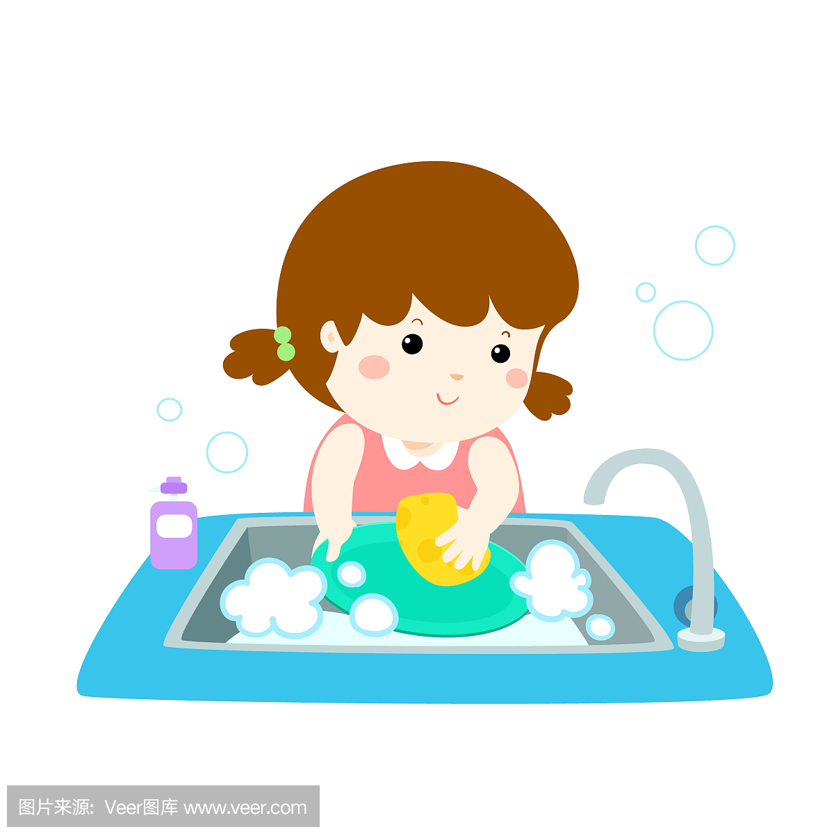 快乐的女孩洗盘子在白色背景上的插图。