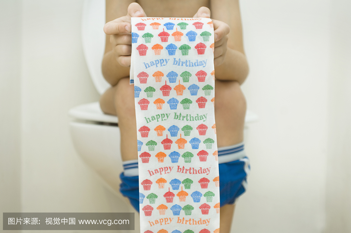 厕所上的小孩,使用生日快乐卫生纸