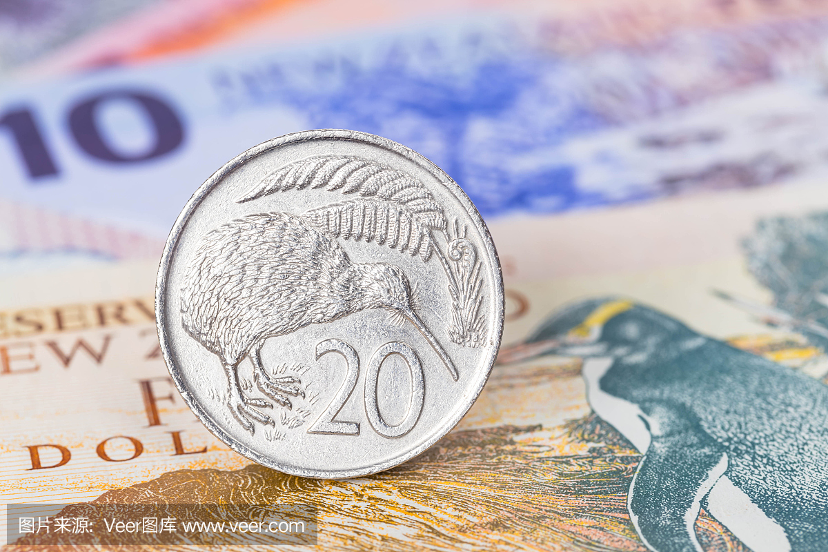 新西兰元钞票特写与硬币