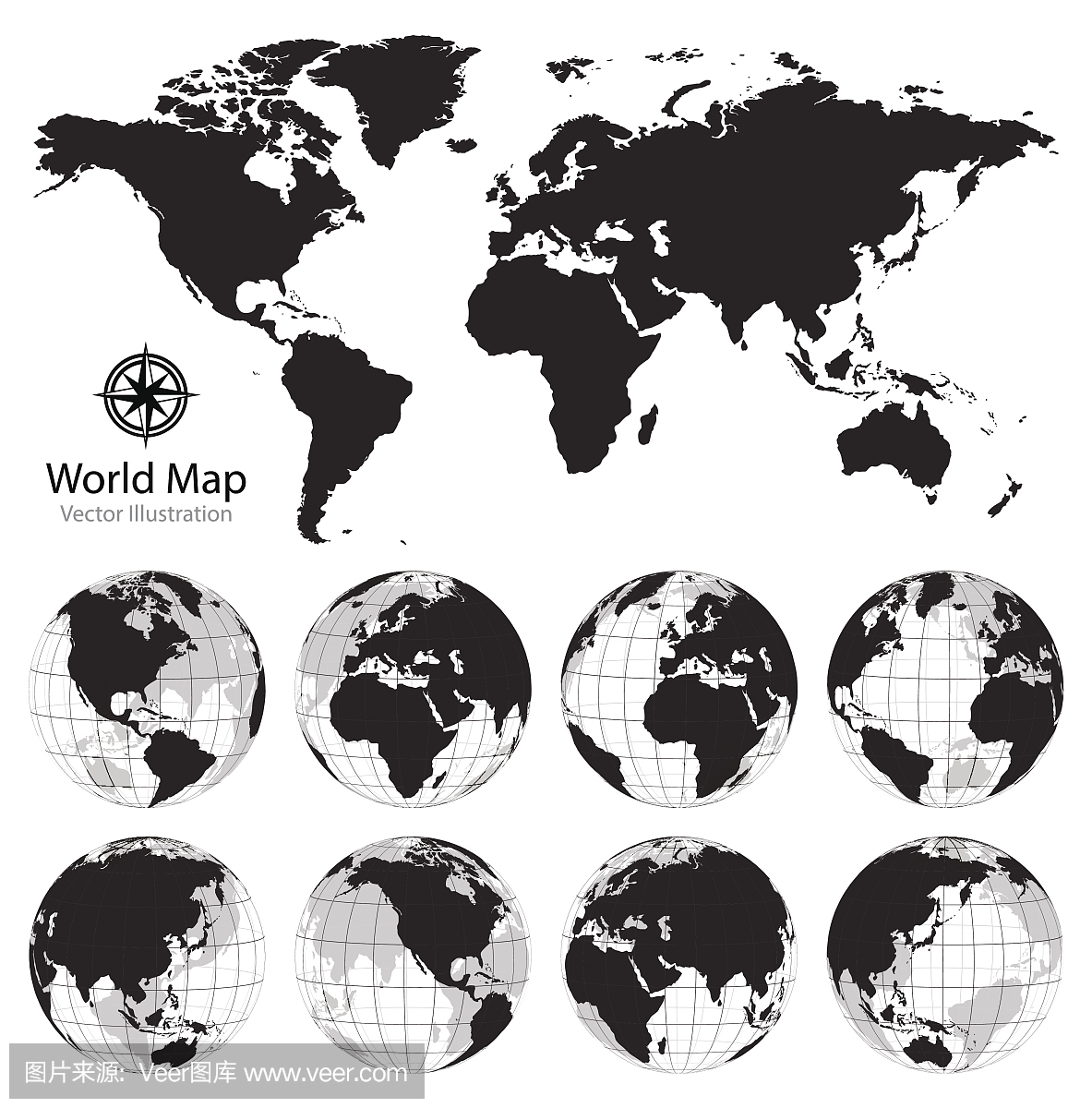 世界地图与地球仪集合。矢量图