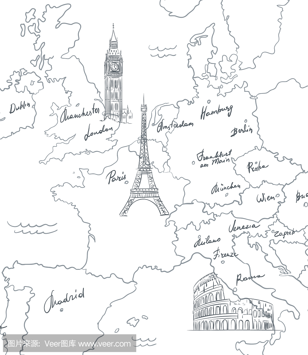 手绘旅游地图与欧洲的景点