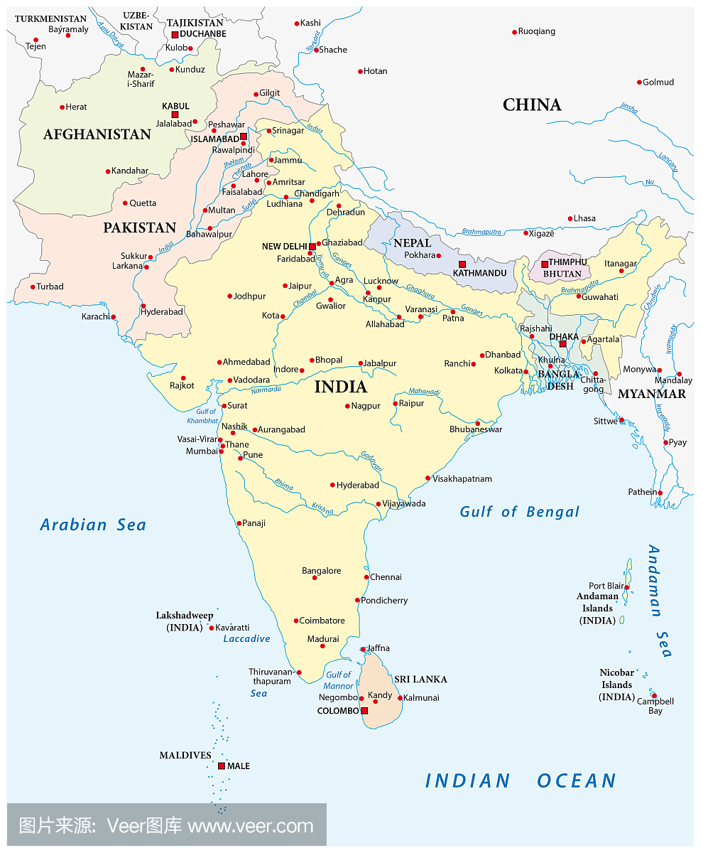 南亚与最大的城市的矢量地图
