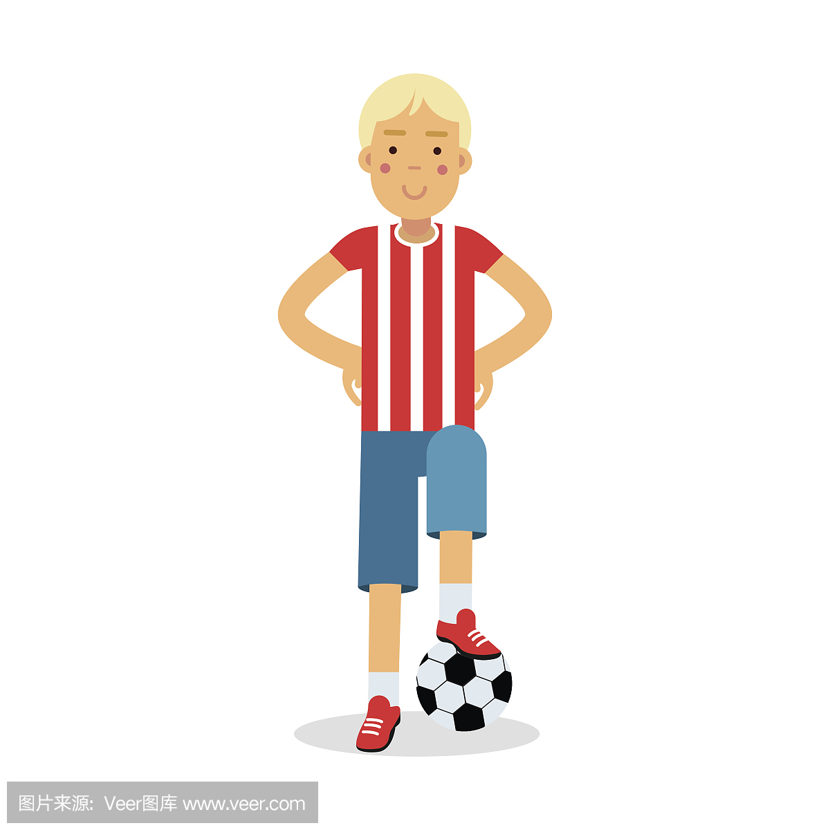 可爱的少年男孩在运动制服站立与足球卡通人物