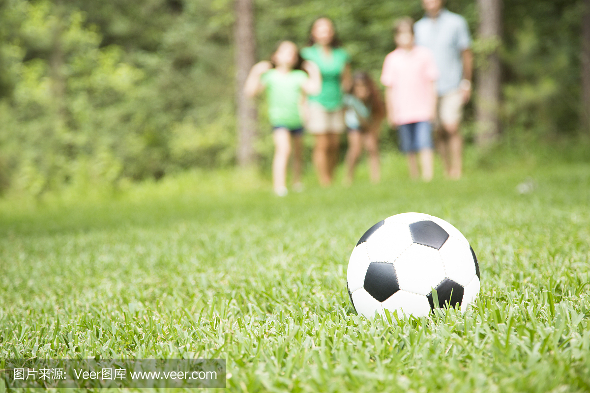 家庭户外春季,夏季踢足球游戏。公园,院子