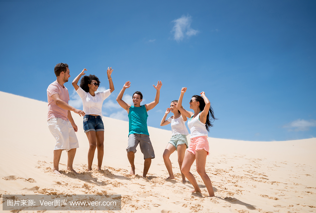 享受夏天的小组巴西朋友户外在沙漠