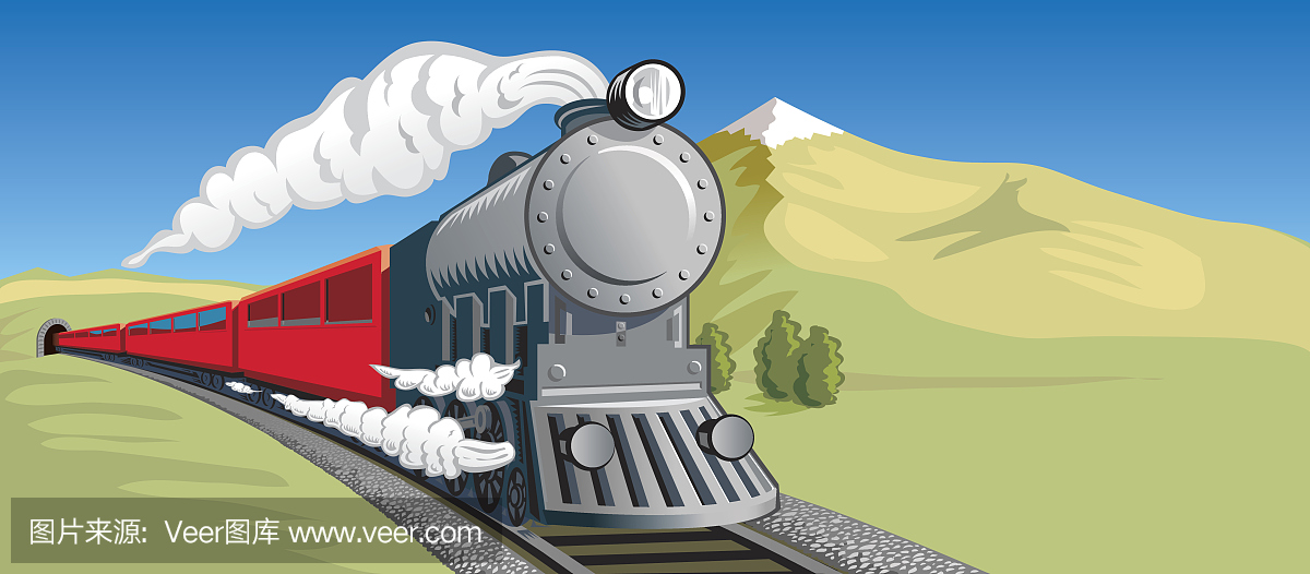 在蒸汽火车头上的卡通插图