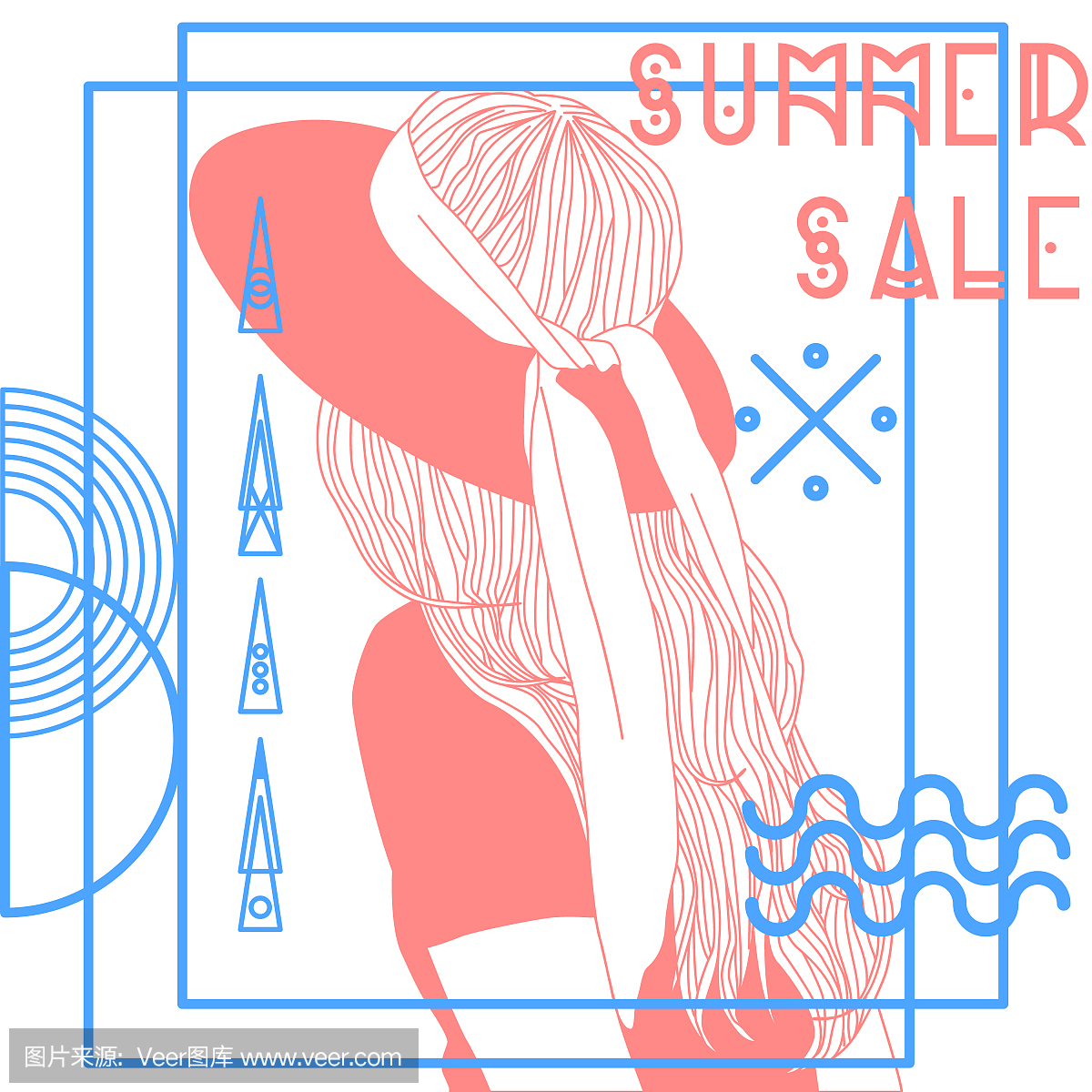 夏季销售标签。女孩在夏天的衣服